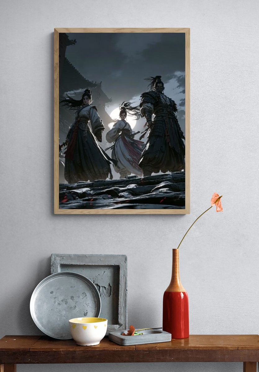 Samurai Moonlit Battle Illustration Poster. — room view 3
