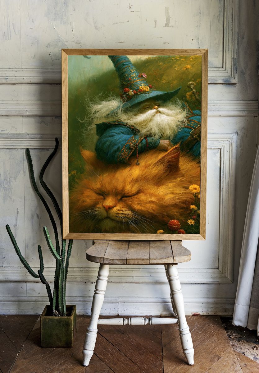 Wizard Cat Fantasy Illustration Poster. — room view 1