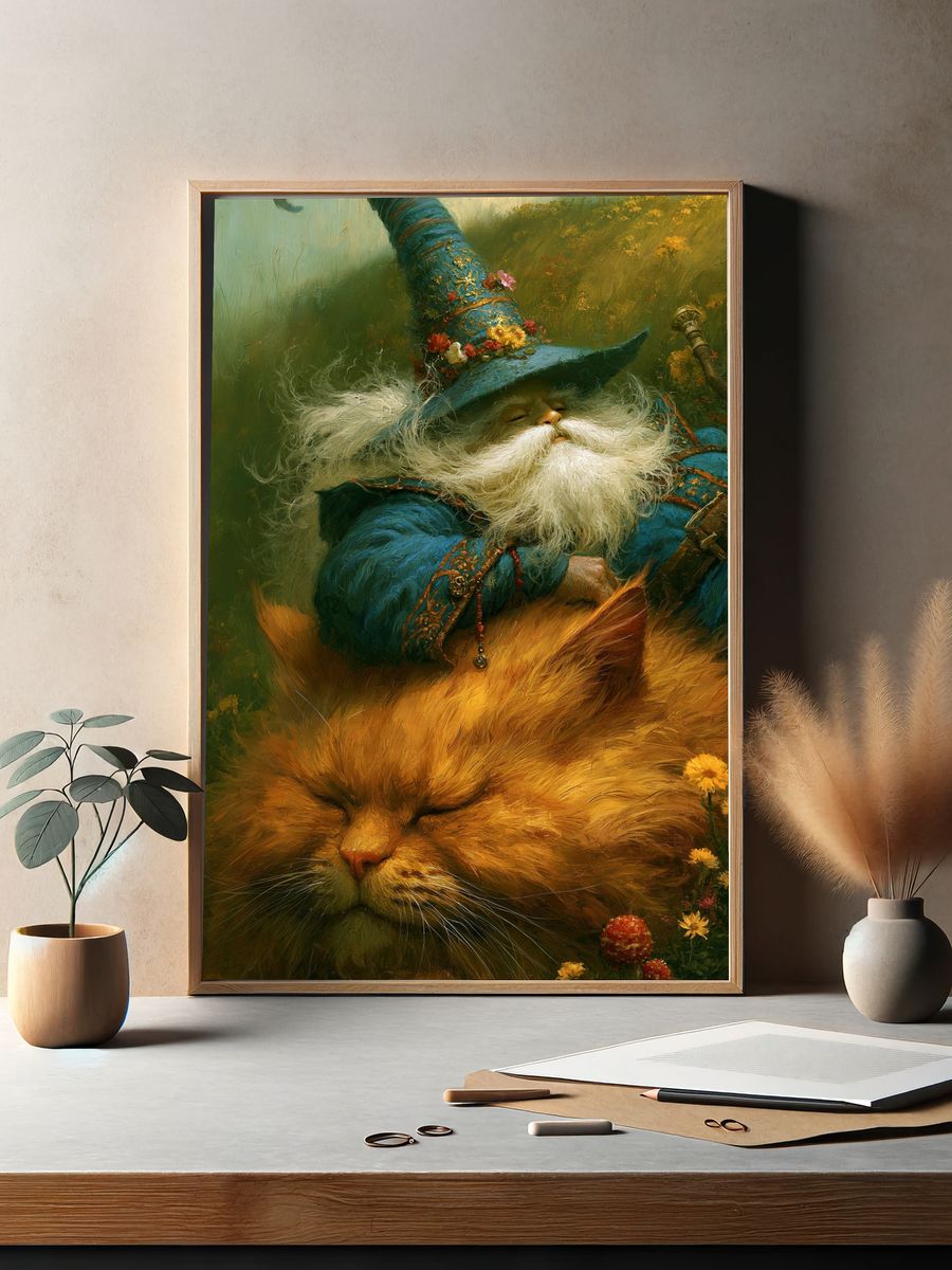 Wizard Cat Fantasy Illustration Poster. — room view 2
