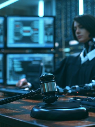 Cyberpunk Courtroom Gavel Poster. poster