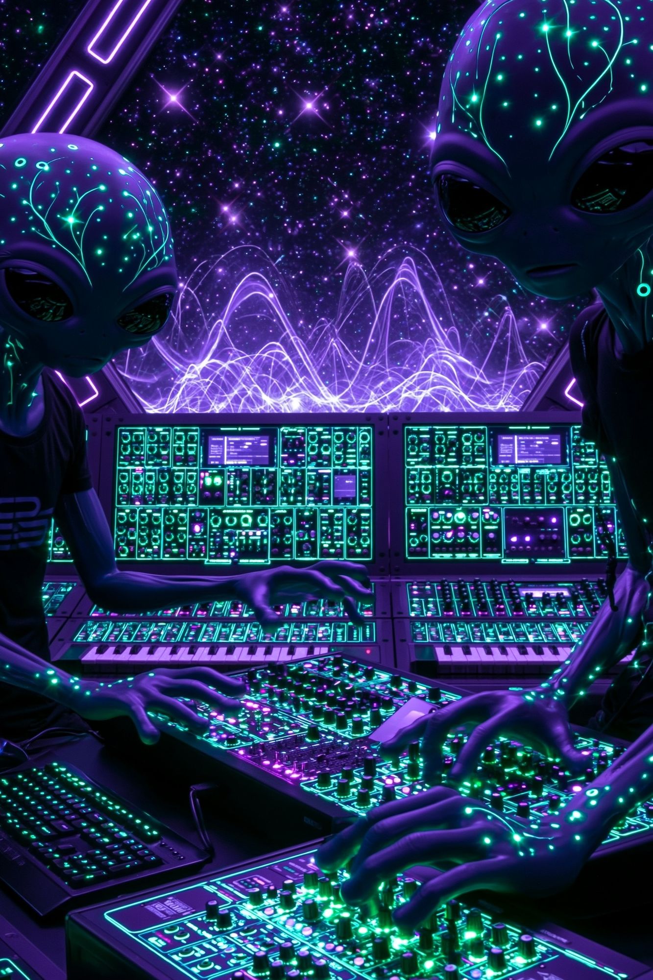 Alien Synthwave Control Room Poster. poster detail