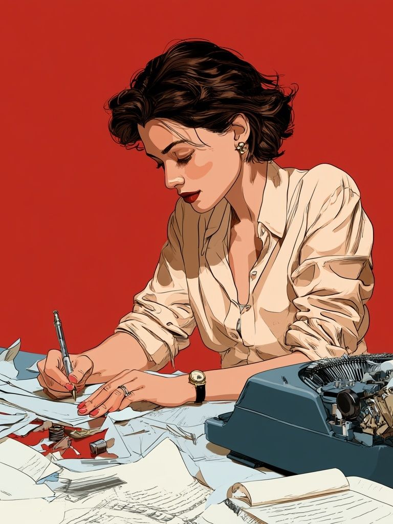 Woman Writing at Desk Illustration Poster. poster — illustration art