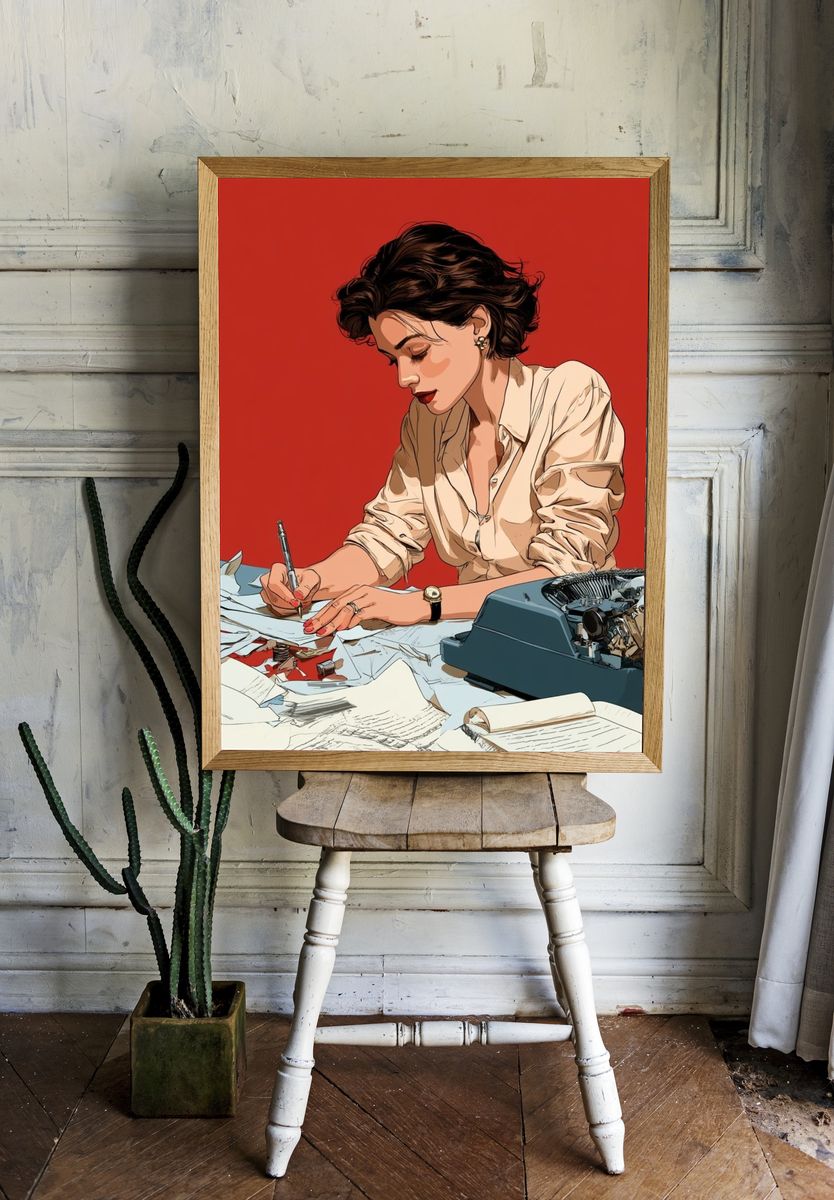 Woman Writing at Desk Illustration Poster. — room view 1