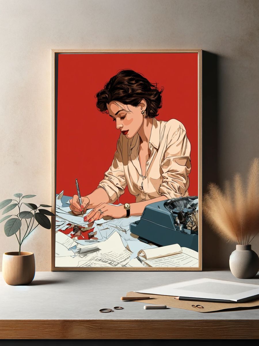 Woman Writing at Desk Illustration Poster. — room view 2