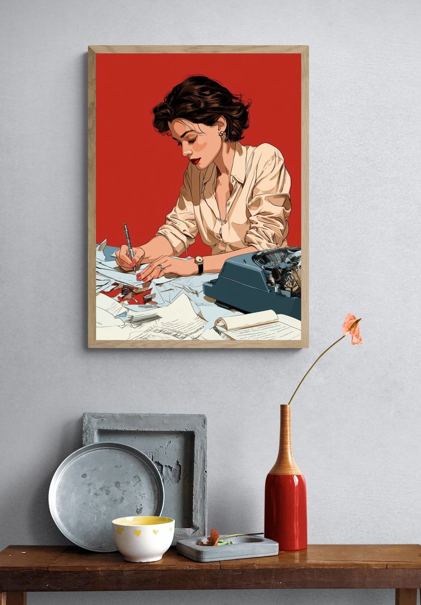 Woman Writing at Desk Illustration Poster. — room view 3