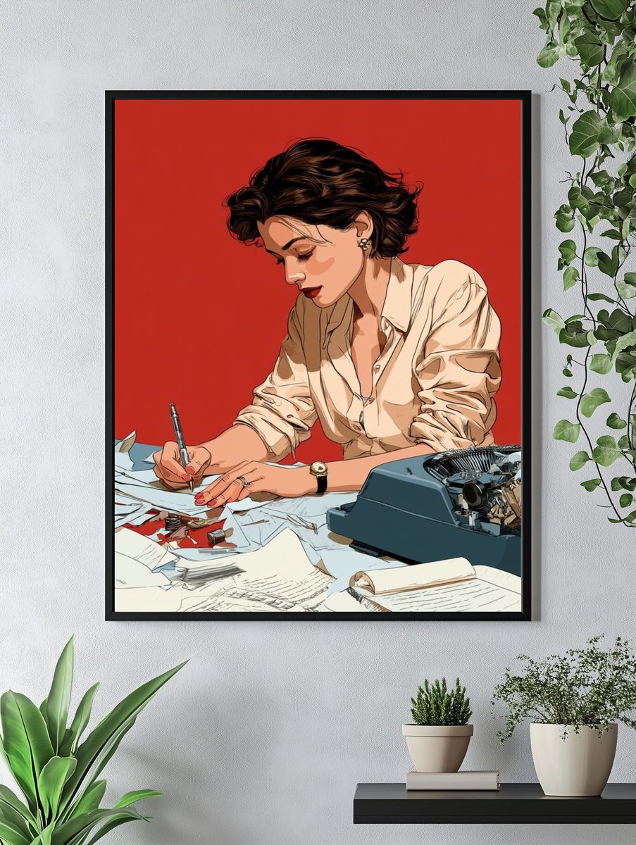 Woman Writing at Desk Illustration Poster. — room view 4