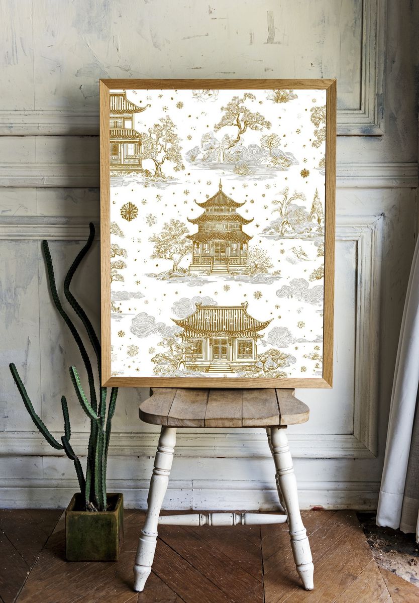 Japanese Pagoda Toile Print. room preview