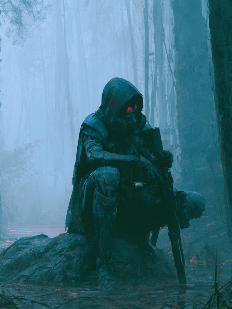 Cyborg Soldier in Foggy Forest Poster. poster — illustration art