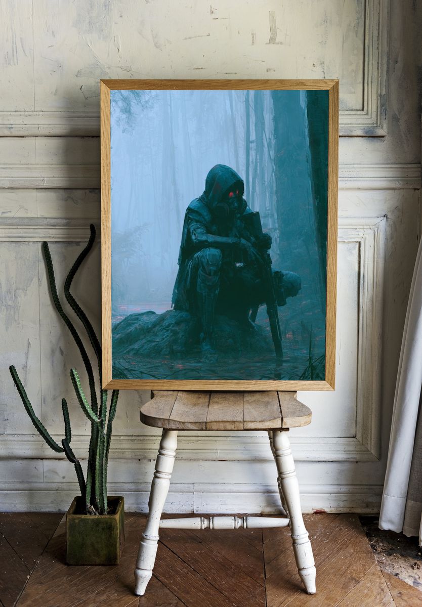 Cyborg Soldier in Foggy Forest Poster. — room view 1