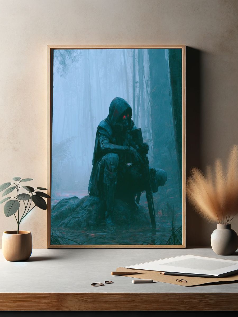 Cyborg Soldier in Foggy Forest Poster. — room view 2