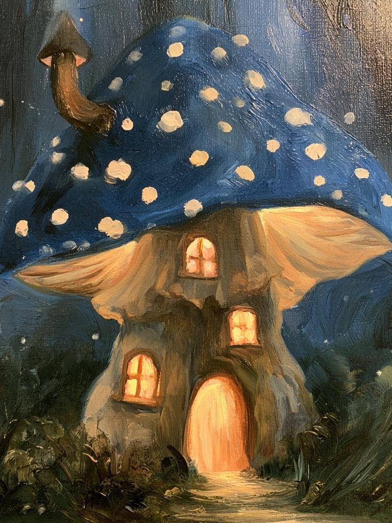 Mushroom House Night Illustration Poster. poster detail