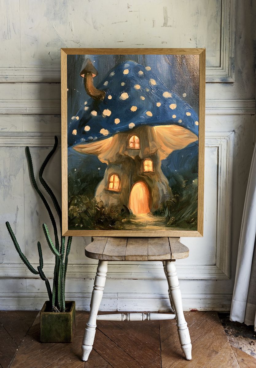 Mushroom House Night Illustration Poster. — room view 1
