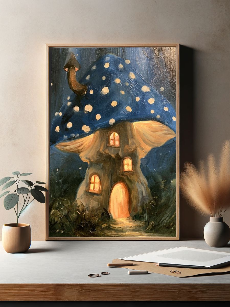 Mushroom House Night Illustration Poster. — room view 2