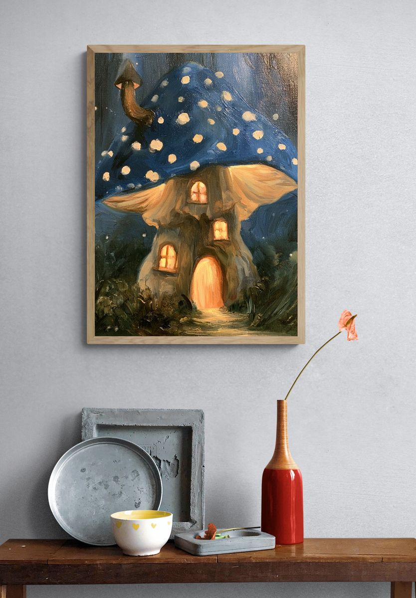 Mushroom House Night Illustration Poster. — room view 3