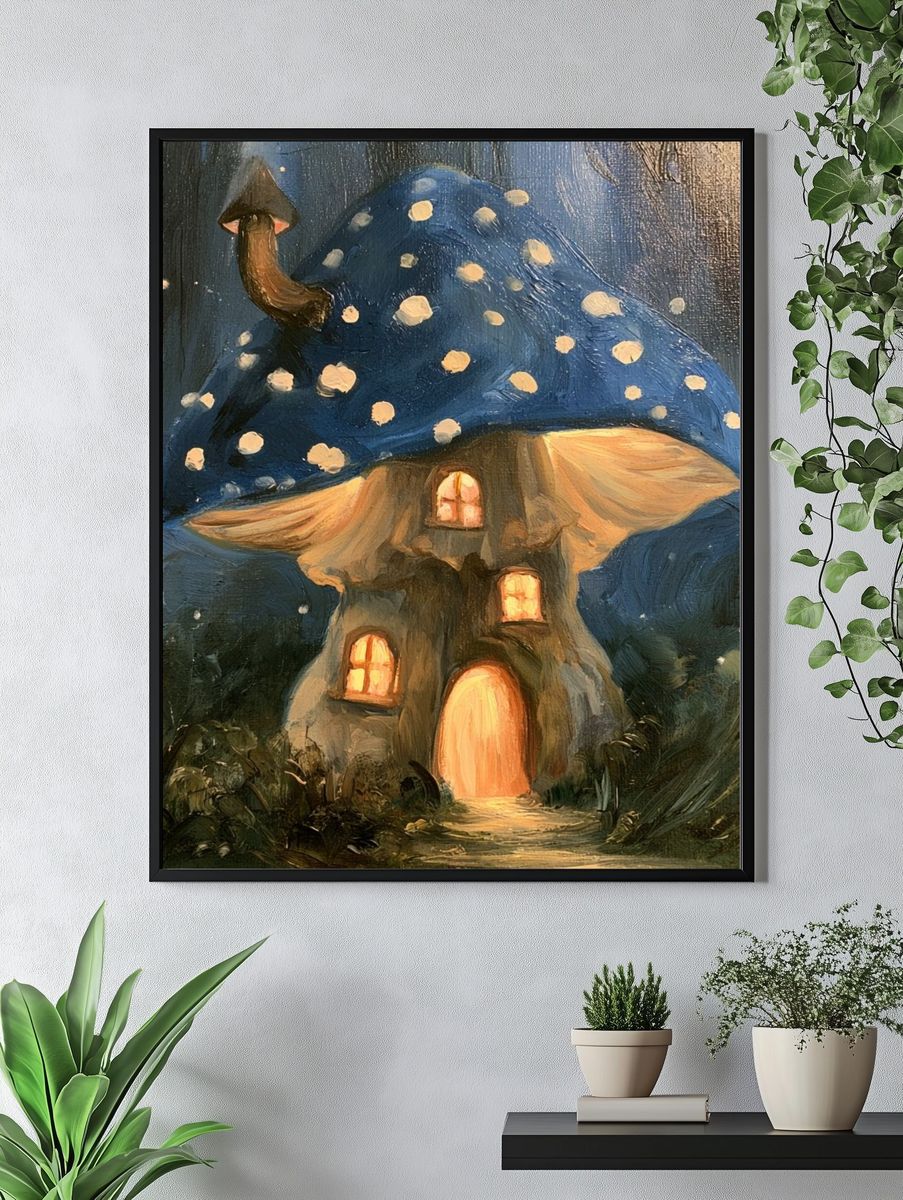 Mushroom House Night Illustration Poster. — room view 4