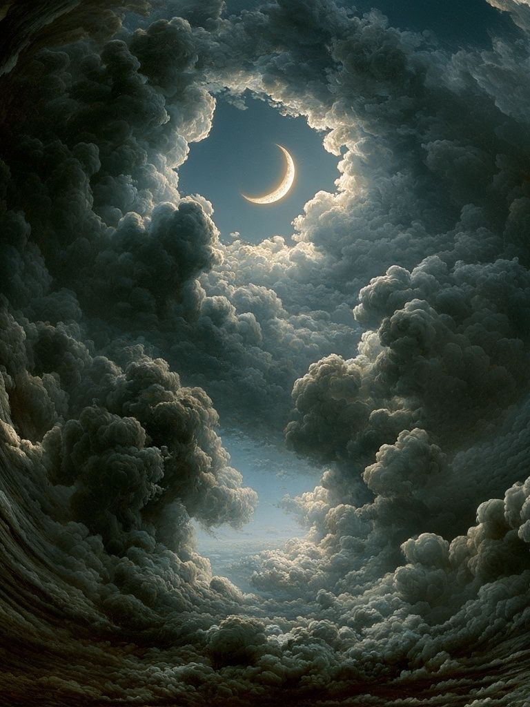 Crescent Moon Cloudscape Illustration Poster. poster detail