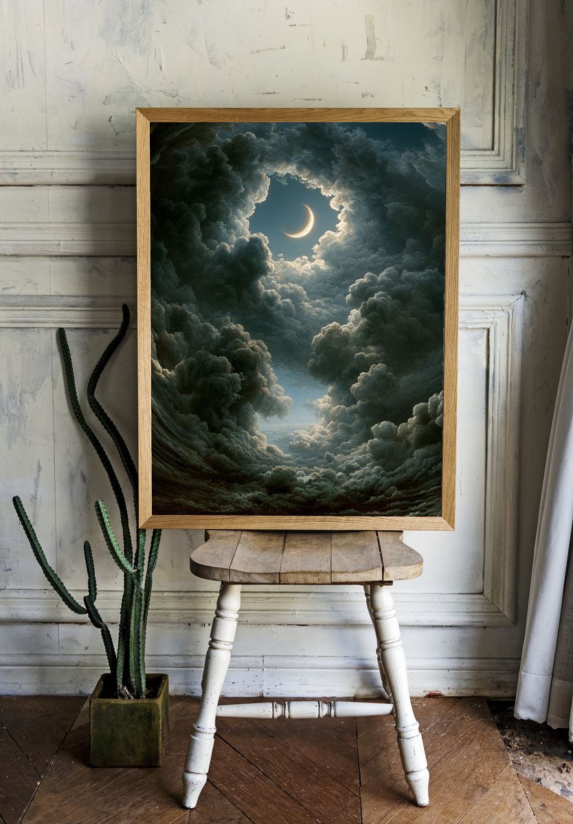Crescent Moon Cloudscape Illustration Poster. room preview