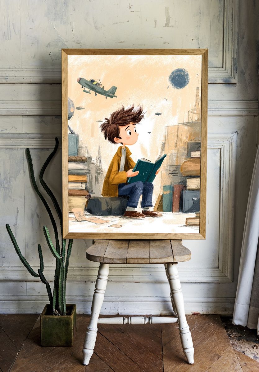 Boy Reading in Library Illustration Poster room preview