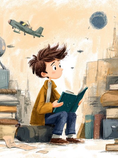 Boy Reading in Library Illustration Poster. poster print
