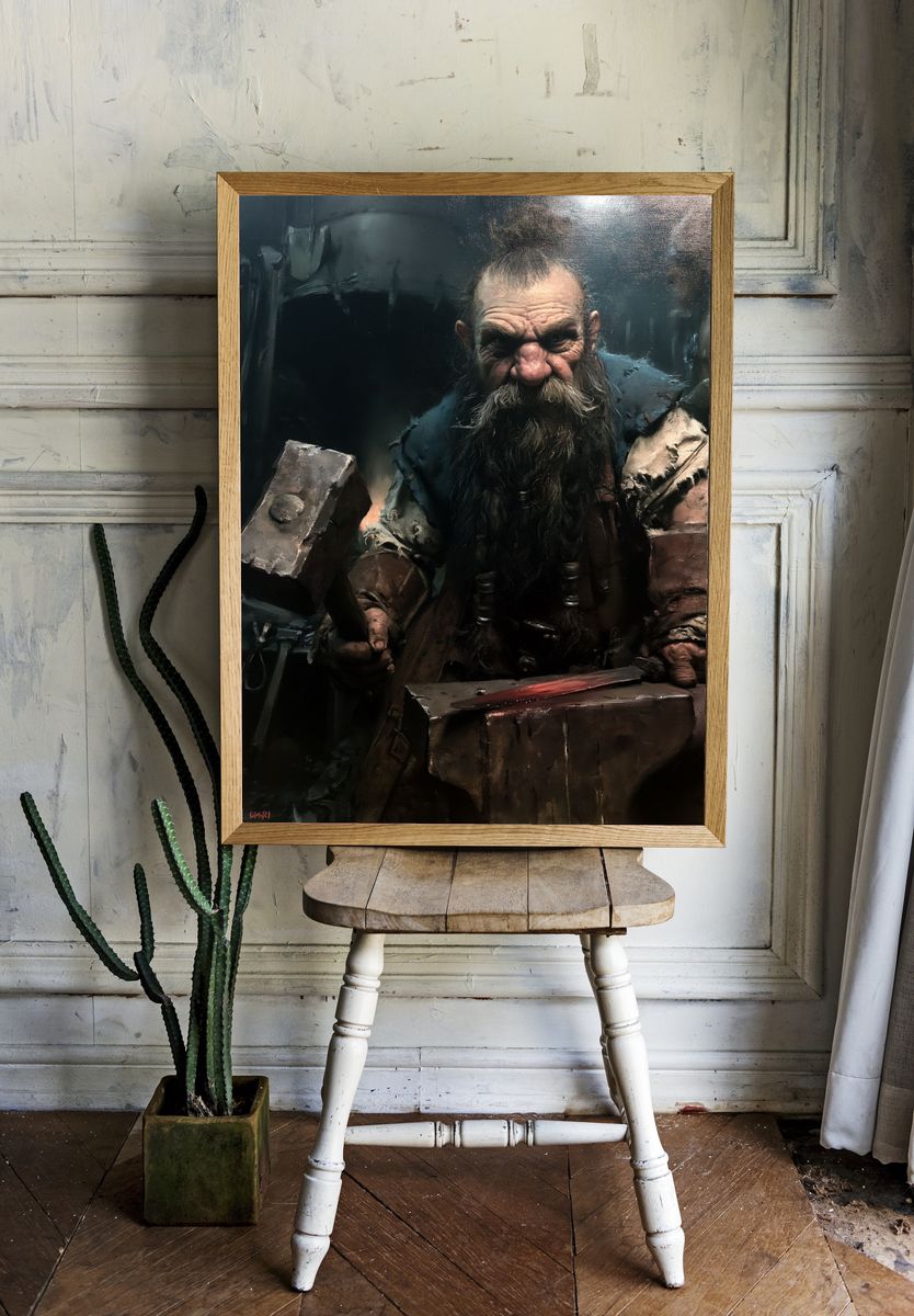 Dwarf Blacksmith Portrait Print. — room view 1