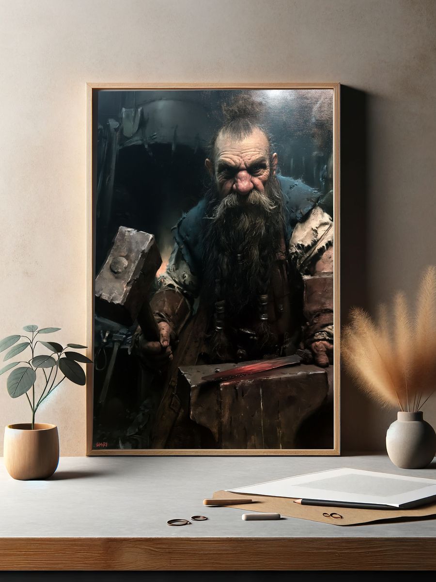 Dwarf Blacksmith Portrait Print. — room view 2