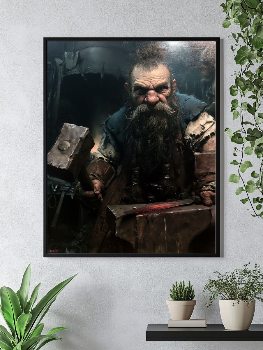 Dwarf Blacksmith Portrait Print. — room view 4