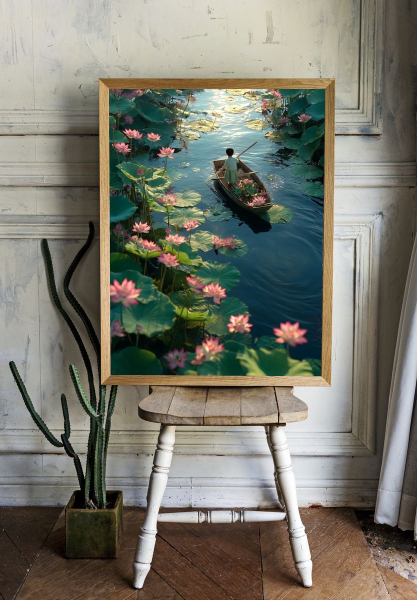 Lotus Boat Dreamscape Illustration Poster. — room view 1