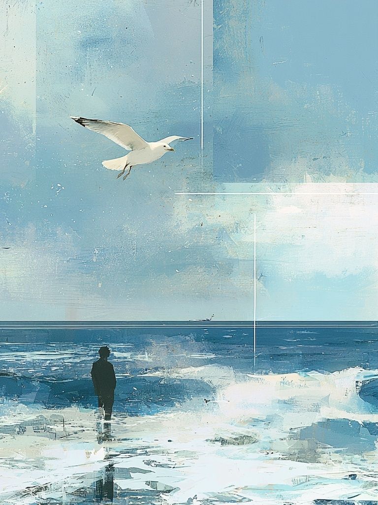 Seagull Over Icy Shoreline Illustration Poster. poster — illustration art