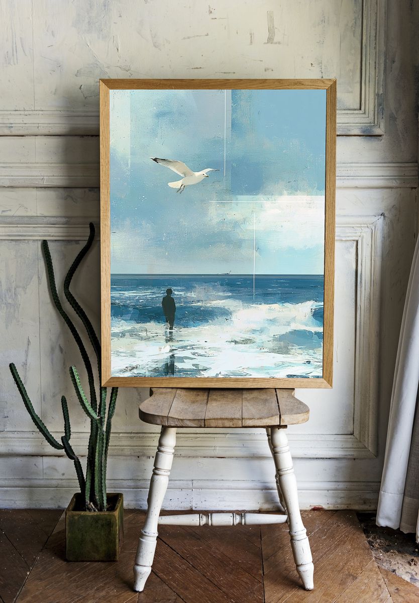 Seagull Over Icy Shoreline Illustration Poster. — room view 1