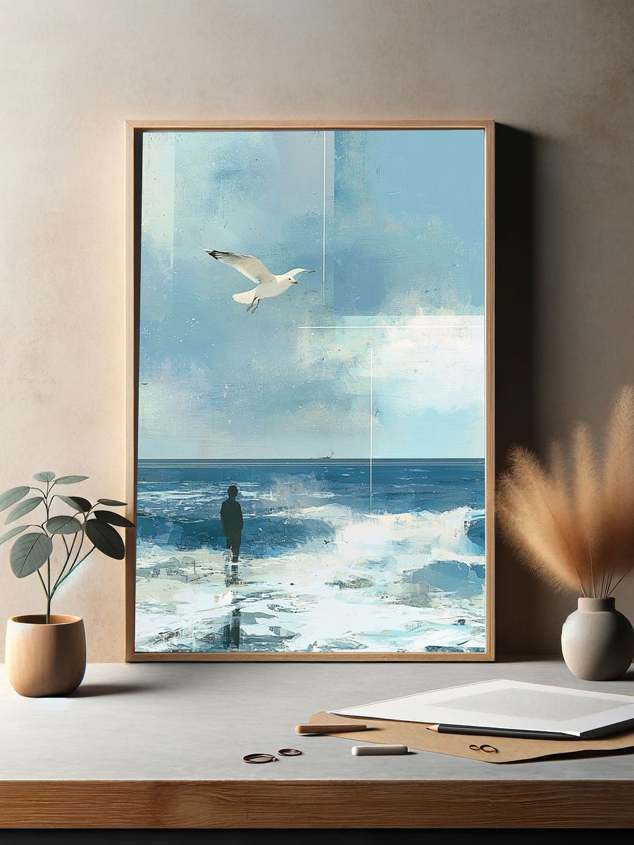 Seagull Over Icy Shoreline Illustration Poster. — room view 2