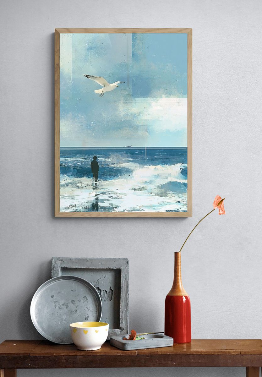 Seagull Over Icy Shoreline Illustration Poster. — room view 3