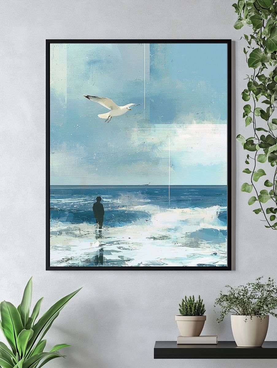 Seagull Over Icy Shoreline Illustration Poster. — room view 4