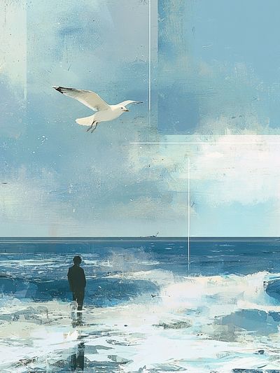 Seagull Over Icy Shoreline Illustration Poster. poster