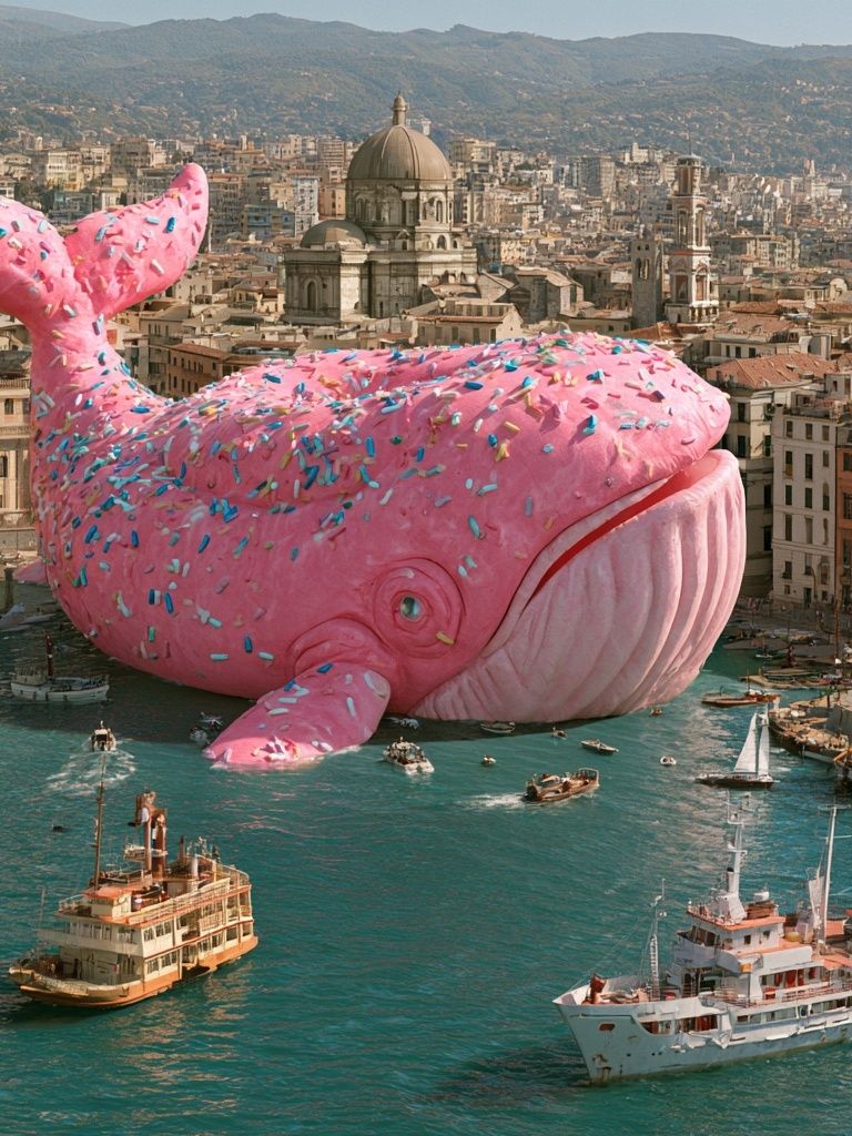 Pink Whale Over Cityscape Surrealism Print. poster detail
