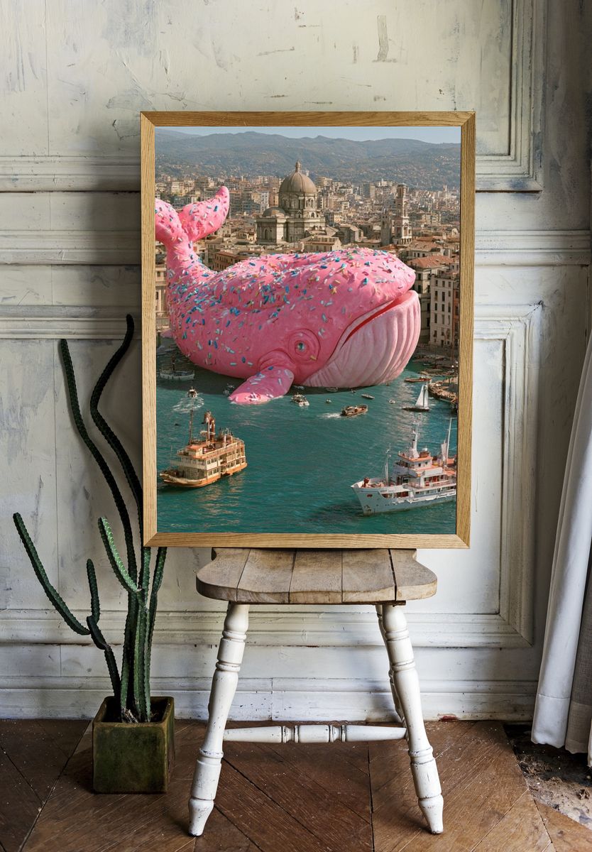 Pink Whale Over Cityscape Surrealism Print. — room view 1