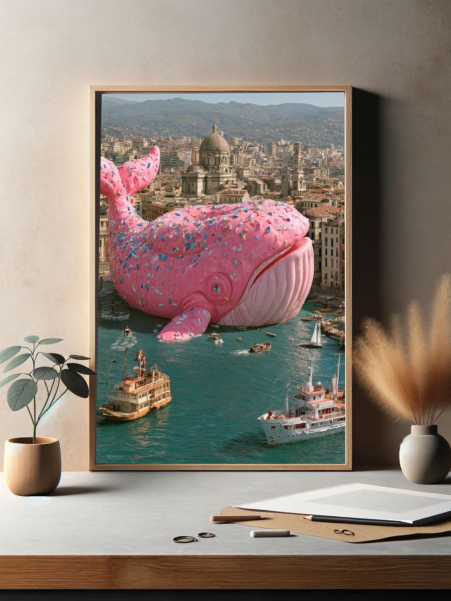 Pink Whale Over Cityscape Surrealism Print. — room view 2