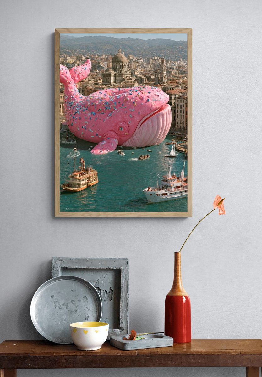 Pink Whale Over Cityscape Surrealism Print. — room view 3