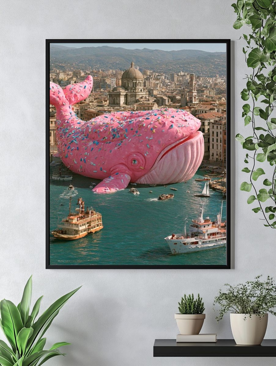 Pink Whale Over Cityscape Surrealism Print. — room view 4
