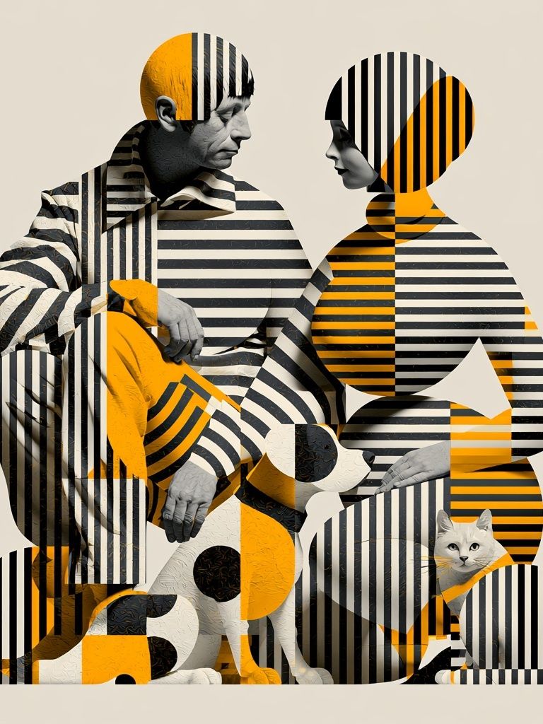 Striped Figures and Dog Illustration Poster. poster detail