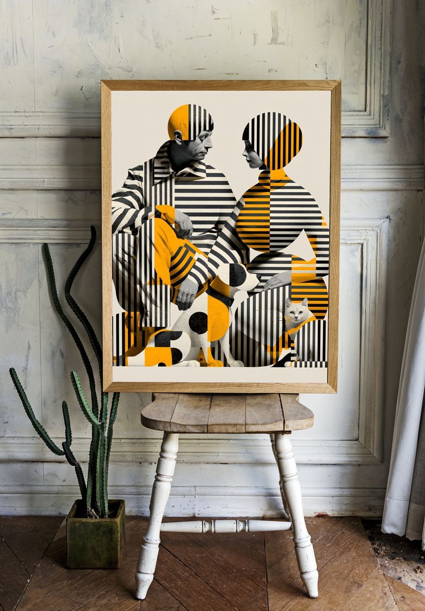 Striped Figures and Dog Illustration Poster. — room view 1