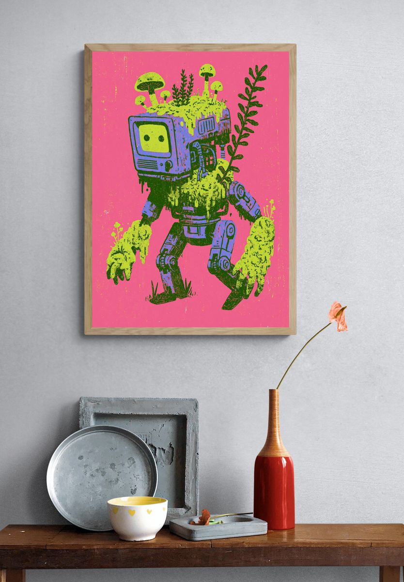 Mushroom Robot Digital Art Poster. — room view 3
