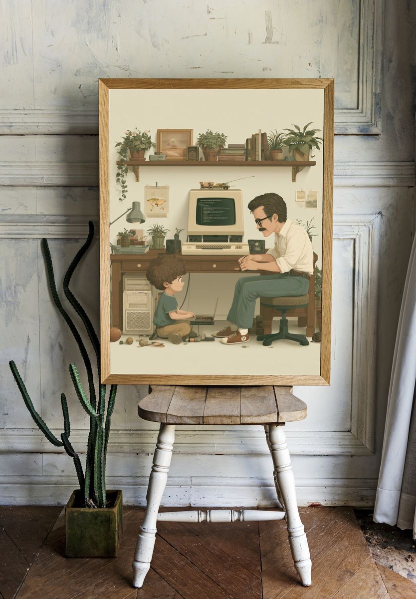 Retro Computer Study Illustration Poster. — room view 1