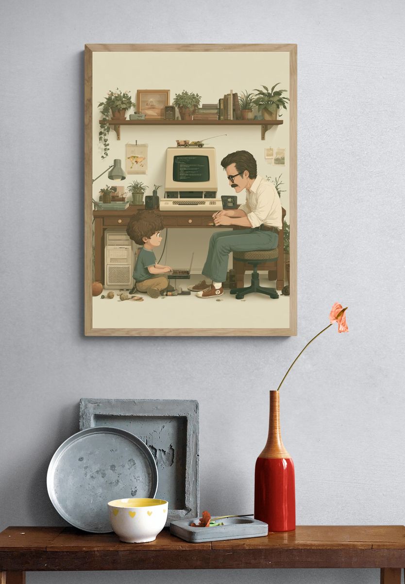 Retro Computer Study Illustration Poster. — room view 3