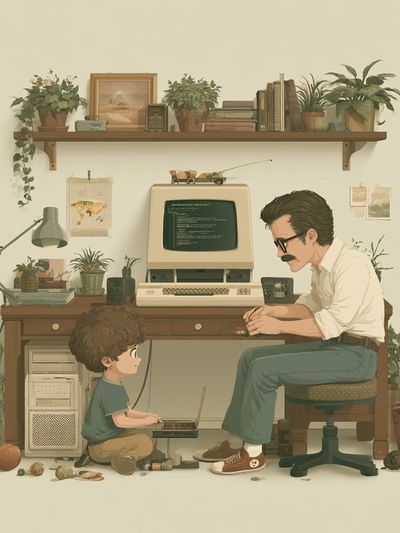 Retro Computer Study Illustration Poster.