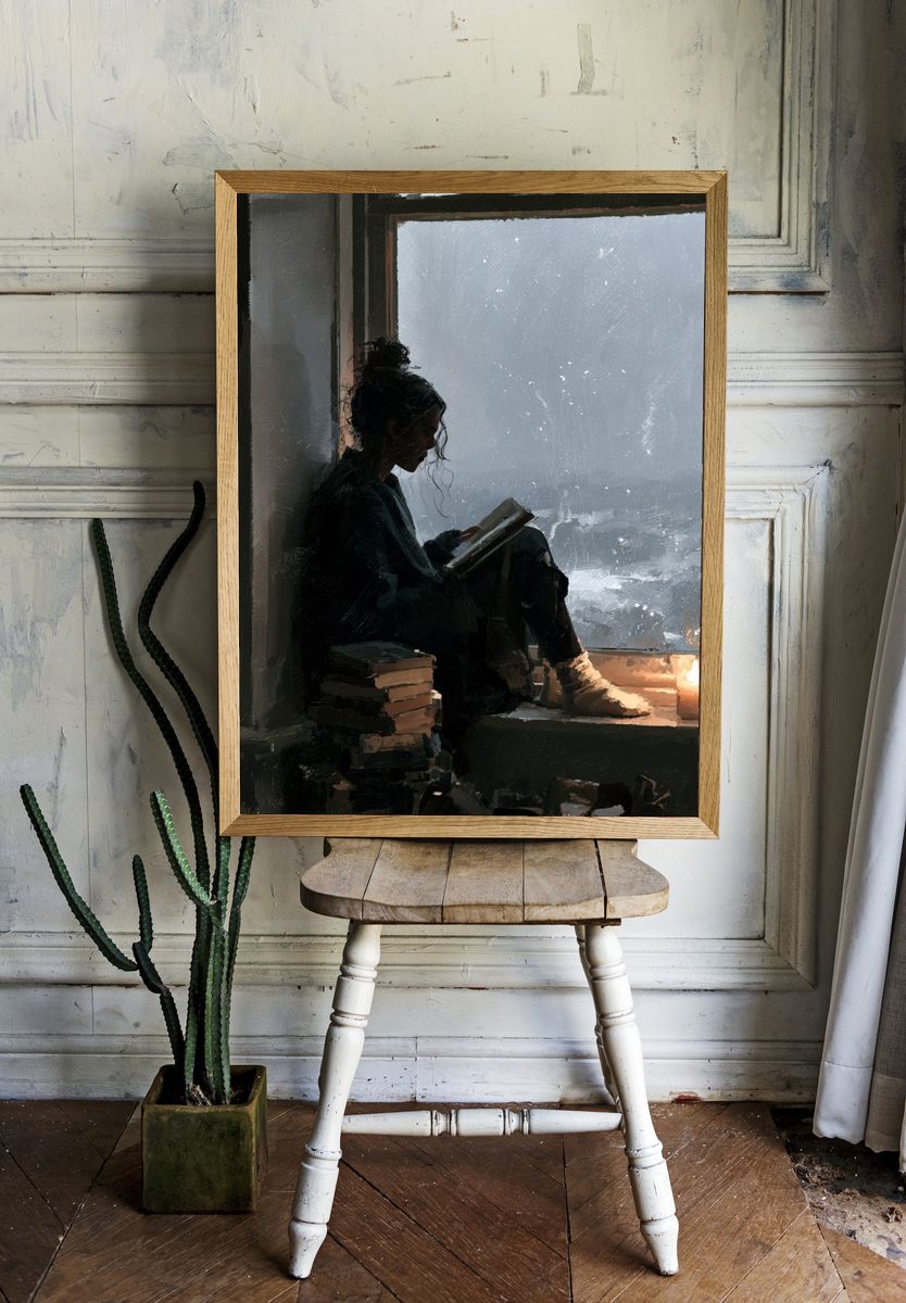 Rainy Window Reading Illustration Poster. — room view 1