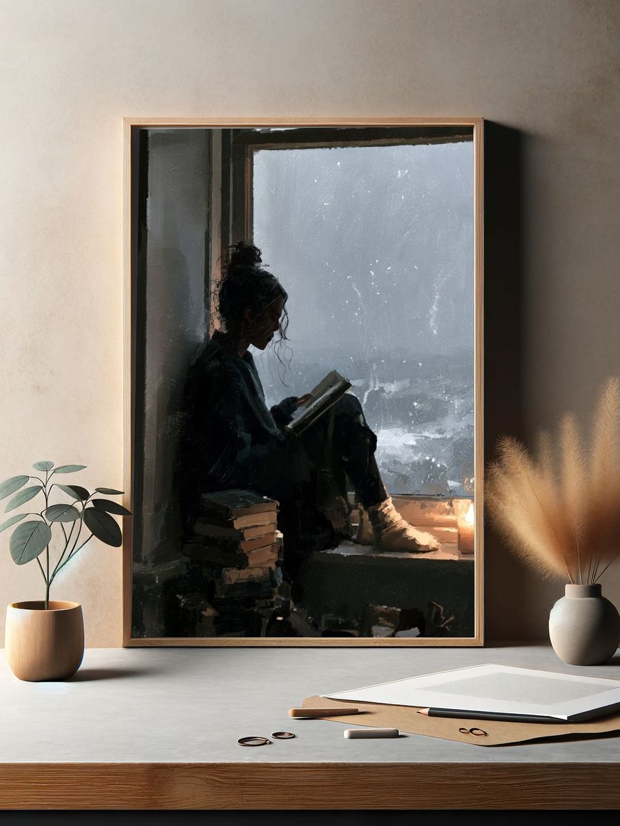 Rainy Window Reading Illustration Poster. — room view 2