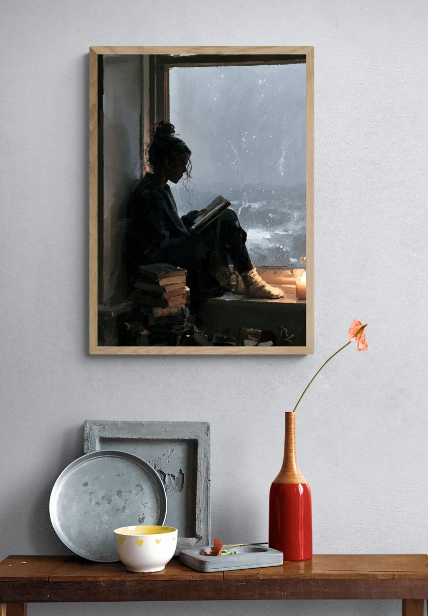 Rainy Window Reading Illustration Poster. — room view 3