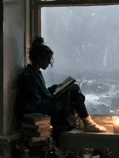 Rainy Window Reading Illustration Poster.