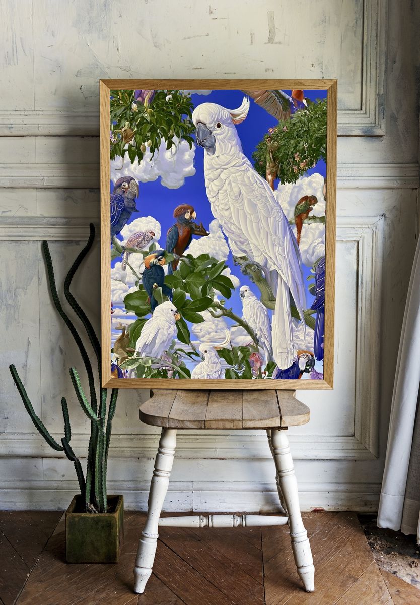 Tropical Parrots in the Sky Poster. — room view 1