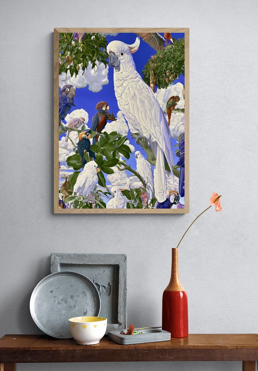 Tropical Parrots in the Sky Poster. — room view 3